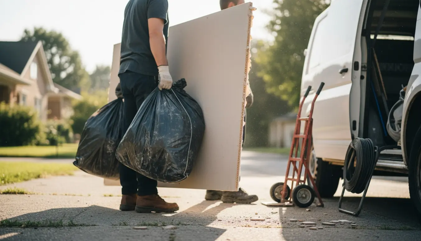 To personer bærer en plade og en sæk byggeaffald mod en åben varevogn, uden tydelige ansigter.