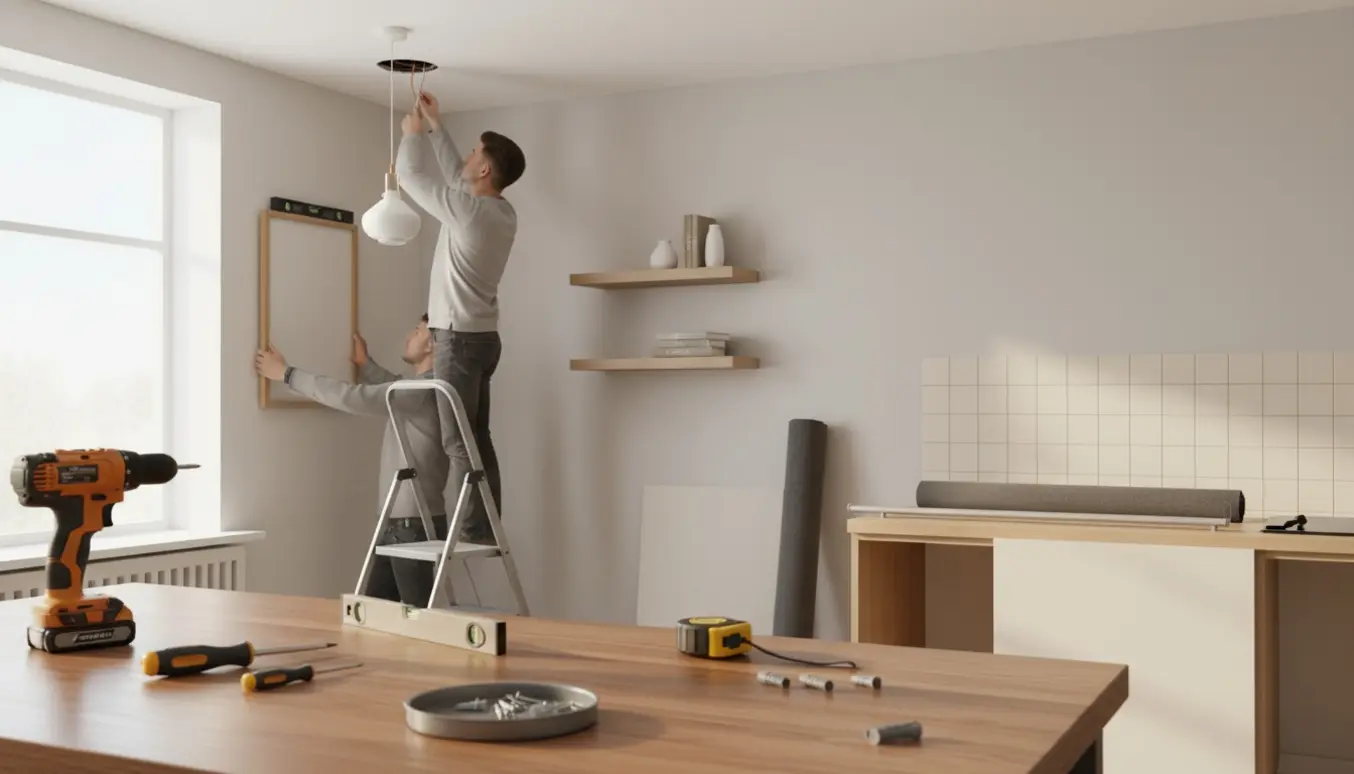 Værktøj og halvmonteret køkkenskab med hylder, billeder og en lampe under ophængning i et lyst rum.