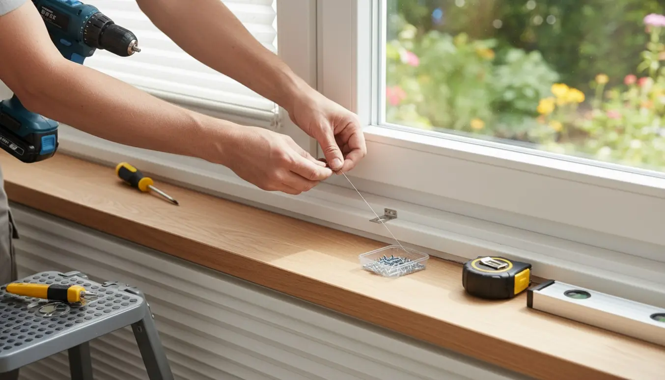 Hænder monterer et plisségardin på en vinduesramme med værktøj på vindueskarmen.