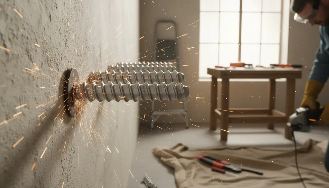 Hænder i handsker skærer én af fire store skruer ned med en vinkelsliber mod en væg, med gnister og værktøj i baggrunden.