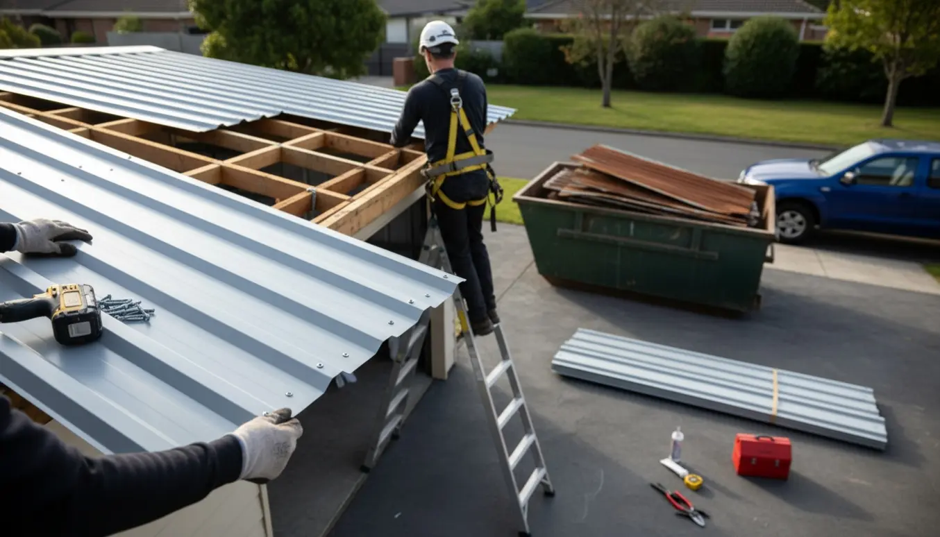 Nærbillede af udskiftning af bølgeplader på garage, nye plader løftes på plads og gamle lægges i en container.