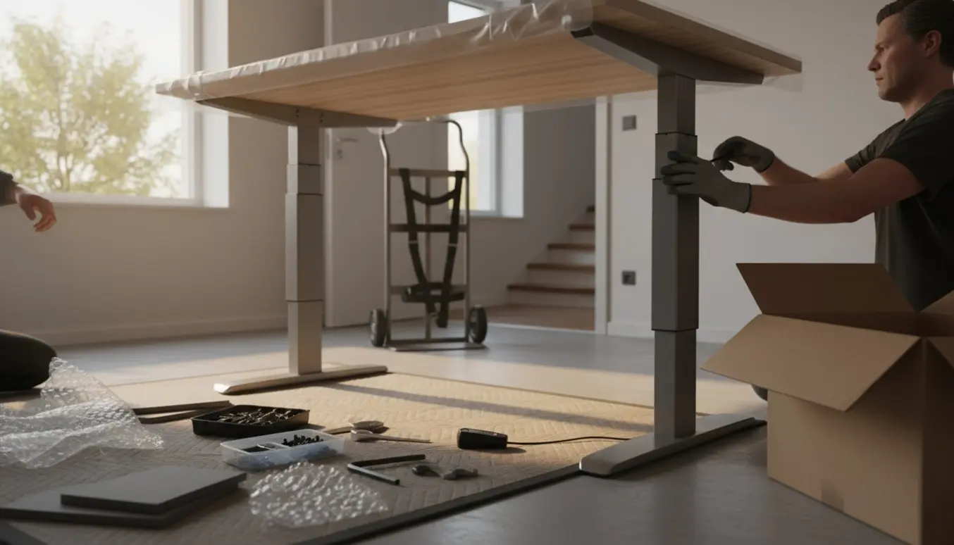 Delvist samlet elektrisk hæve/sænke gamer-skrivebord ved lejlighedsvindue med værktøj og flyttekasse i baggrunden.