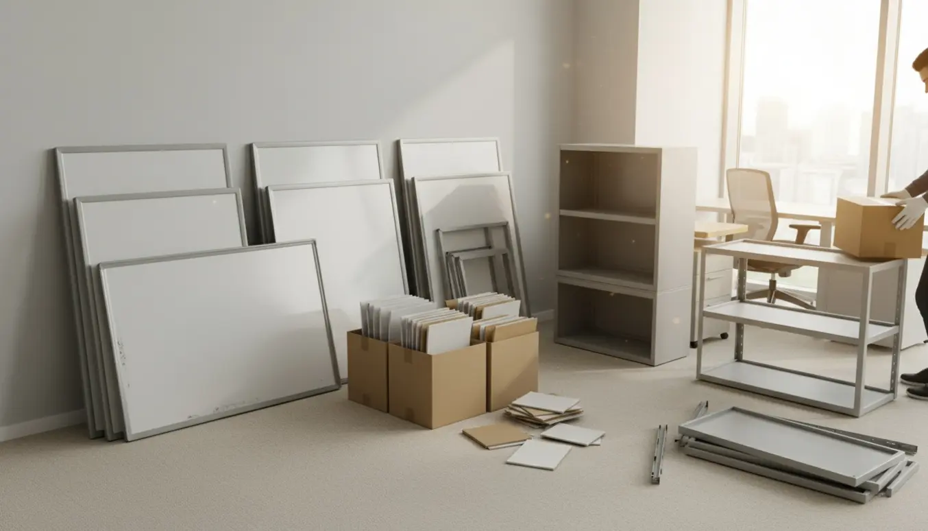 Kontorhjørne med stakke af skilte, whiteboard, kasser med brochurer og kassereoler klar til afhentning.