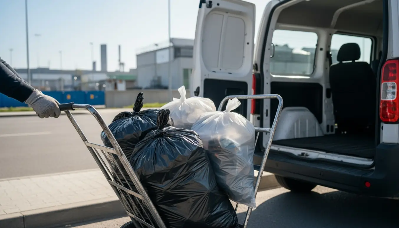 Sække med affald læsses fra en sækkevogn ind i bagagerummet på en varebil, personens ansigt er ikke synligt.