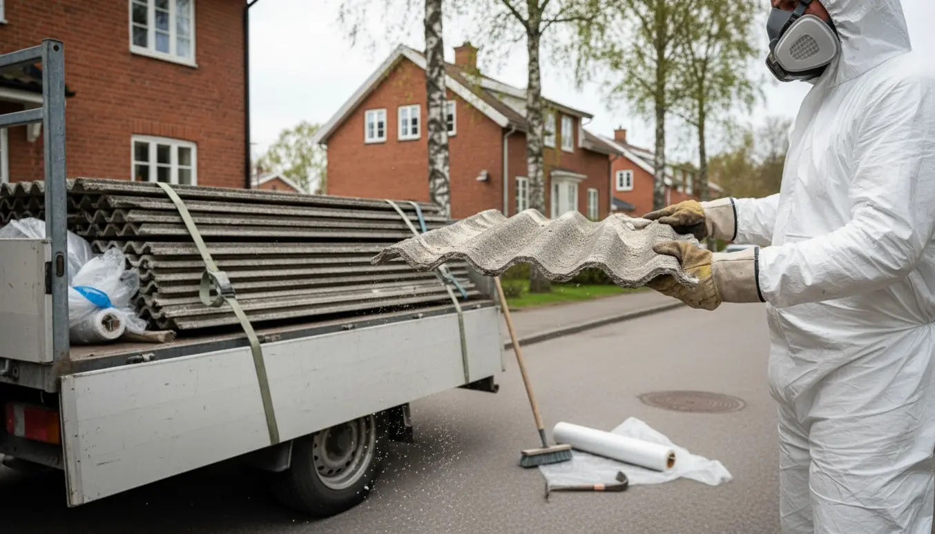 En arbejder i beskyttelsesudstyr læsser ødelagte asbest tagplader på en lastbil i et boligområde.