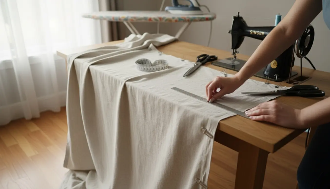 Hænder markerer og sætter knappenåle i et gardin ved et vindue, klar til at blive lagt op.