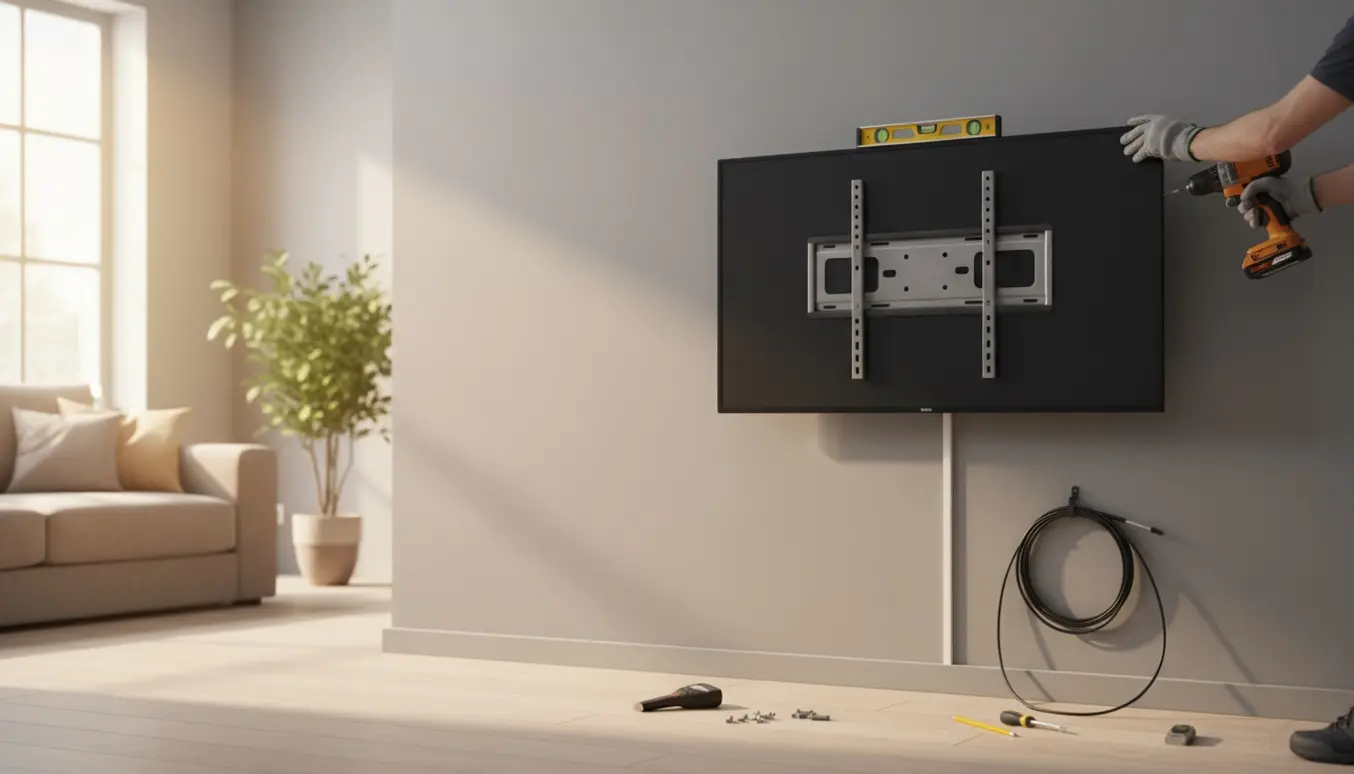 Hænder monterer et fladskærms-tv på en væg i en moderne stue med værktøj og kabelstyring.