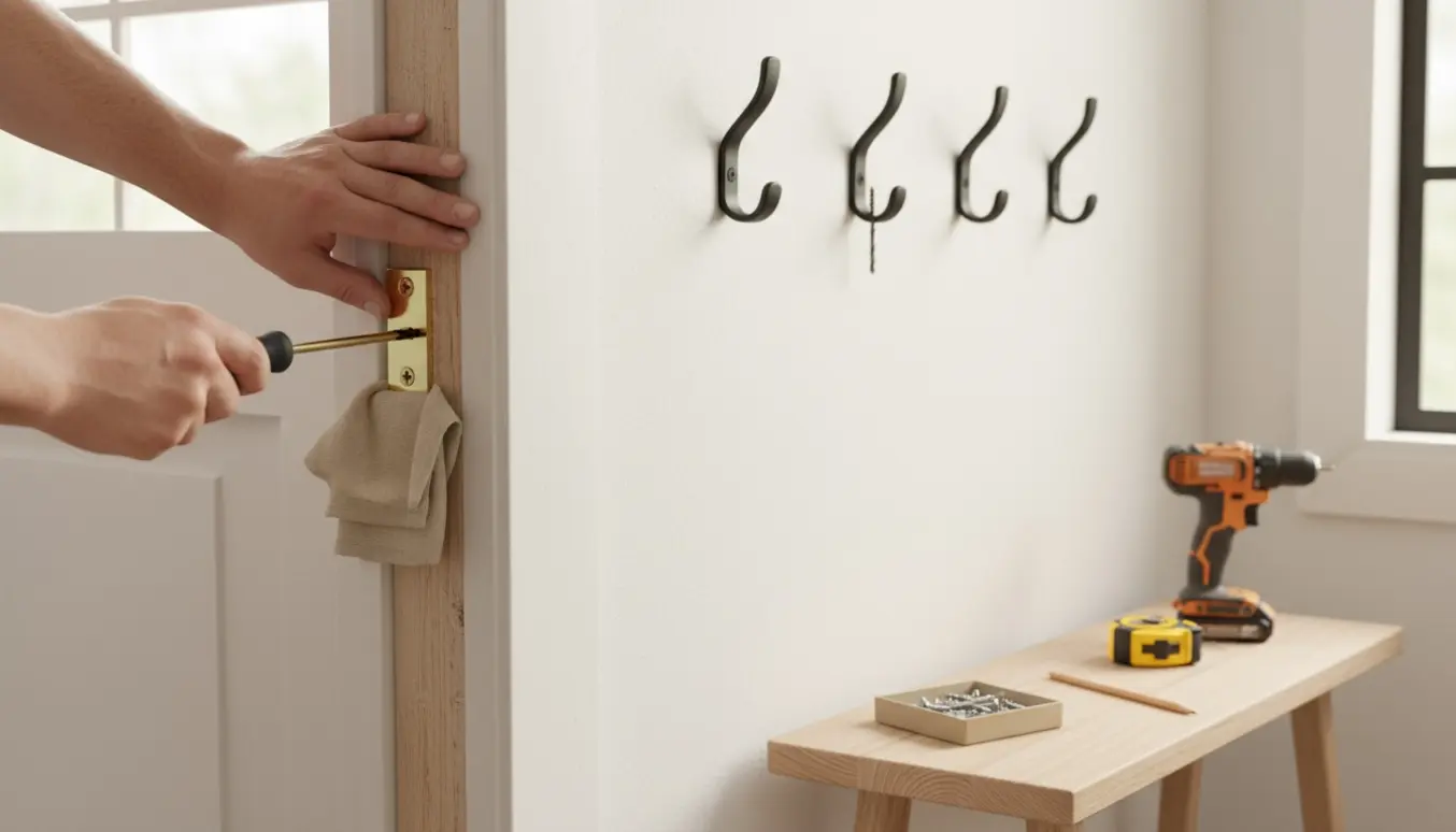 Tæt foto af hænder, der monterer knager og strammer et dørhængsel i en lys gang.