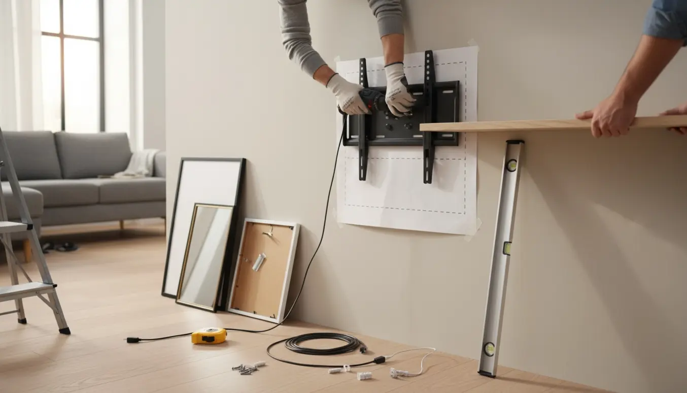 Hænder monterer et tv-beslag og hænger en hylde, et spejl og to billedrammer på en neutral væg.