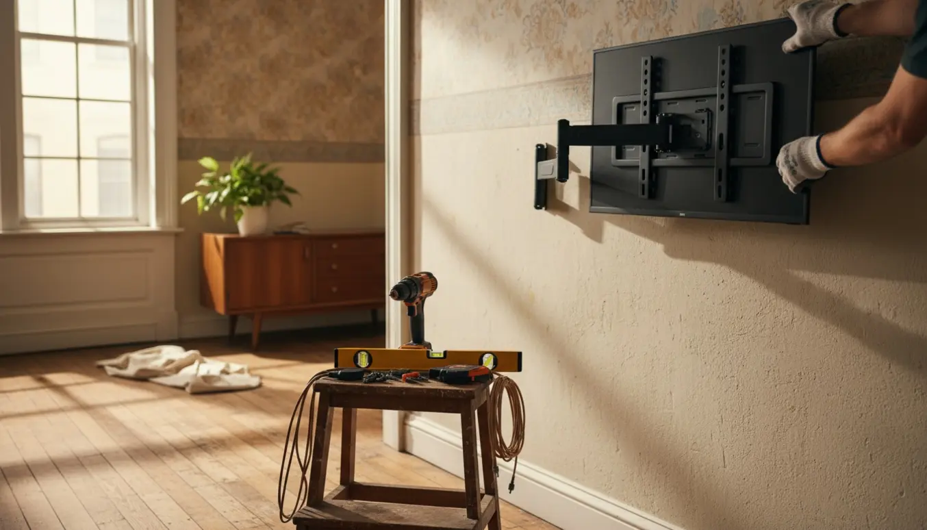 Hænder monterer en tv-arm og løfter et fladt tv op mod en gammel lejlighedsvæg med værktøj og ledninger synlige.