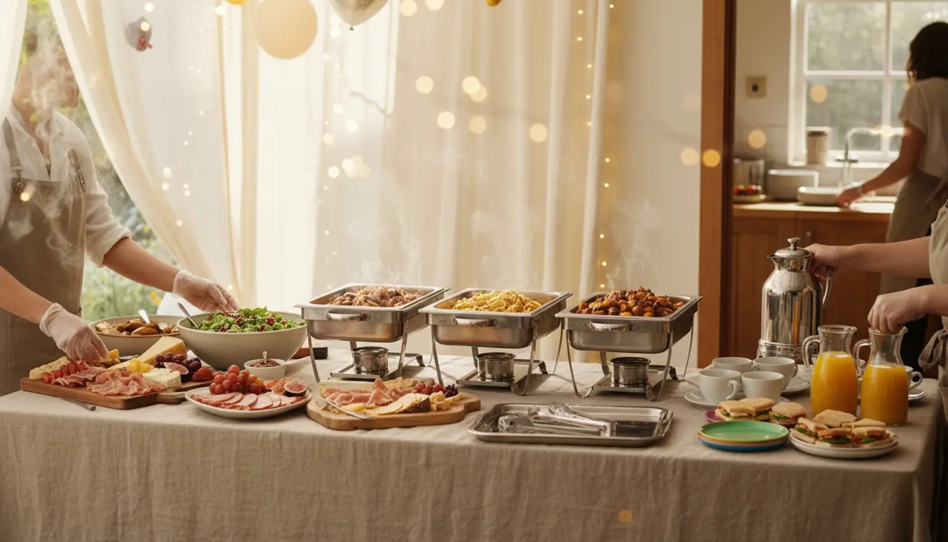 Buffetbord i haven under telt med hjælpere, der fylder fade op og hælder kaffe uden tydelige ansigter.