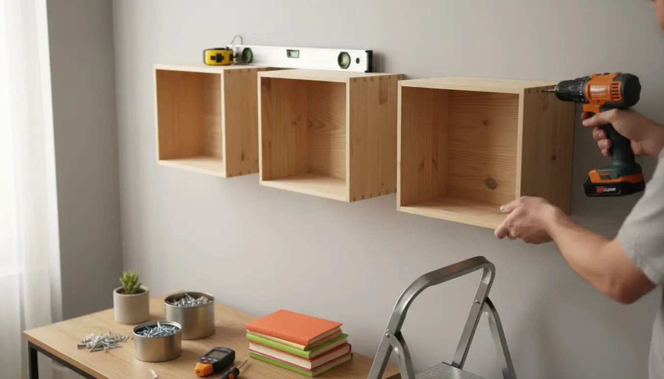 Hænder monterer fire væghængte bogkasser på en neutral væg med værktøj og skruer lagt frem.