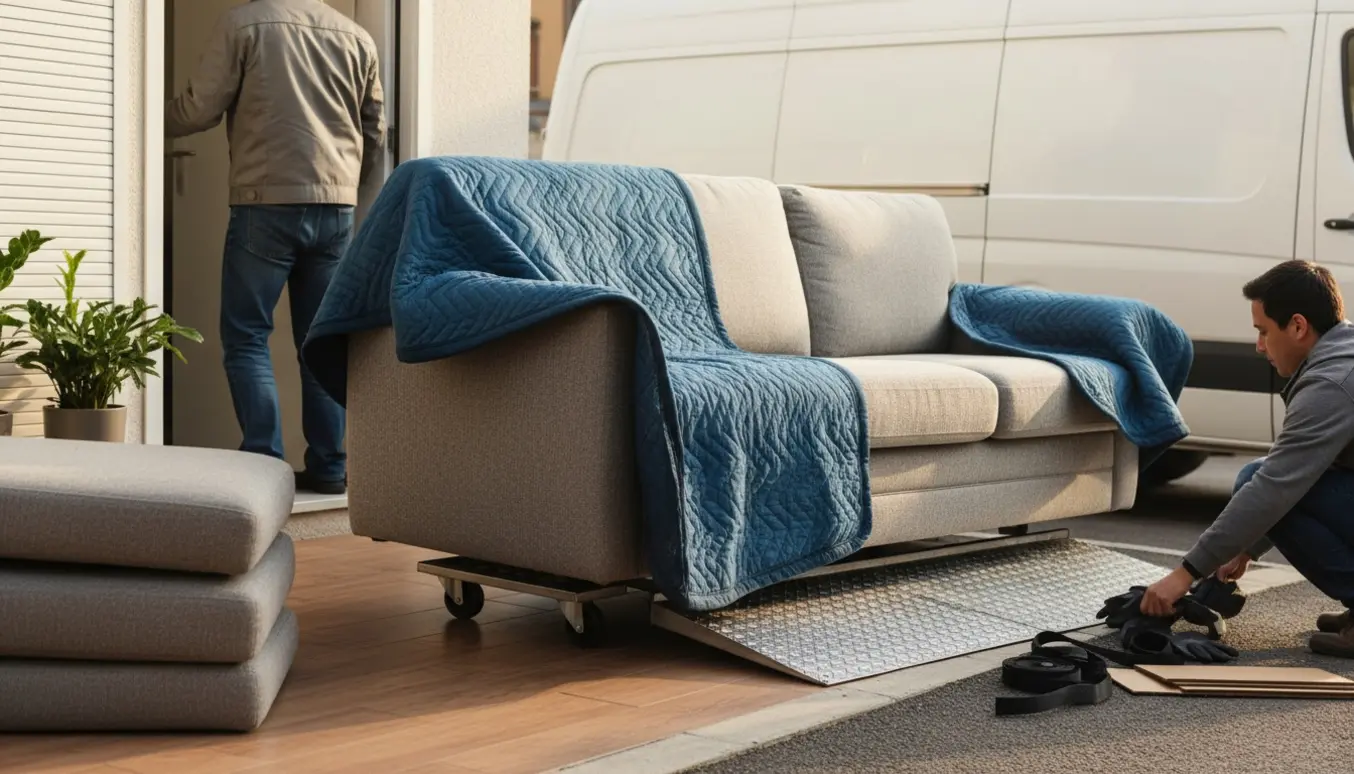 Trepersoners sofa trækkes ud af stueetagen og læsset på en varevogn med dolly, kun hænder og rygge synlige.