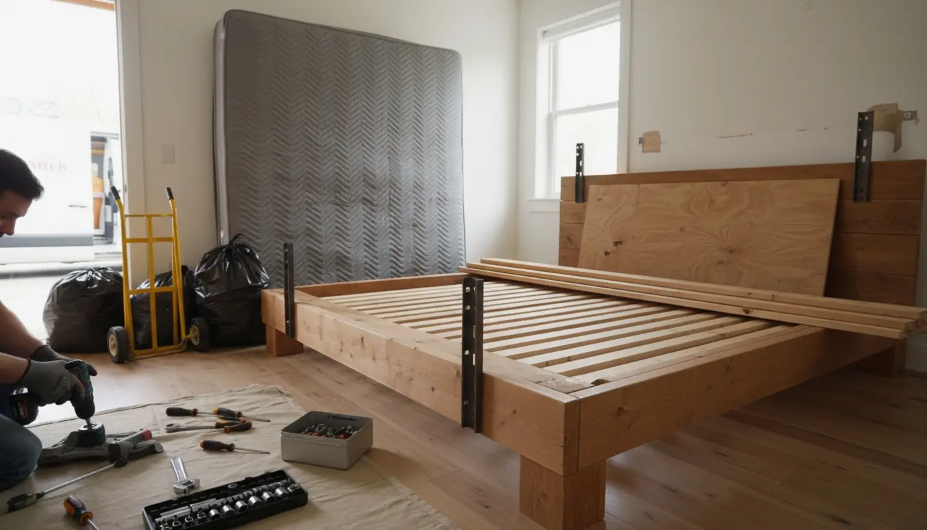 Delvist demonteret hjemmebygget seng i soveværelse med værktøj og brædder klar til bortskaffelse.