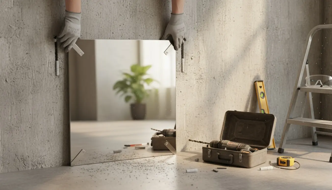 Hænder med handsker hænger et firkantet spejl på en rå betonvæg med boreankre og vaterpas.