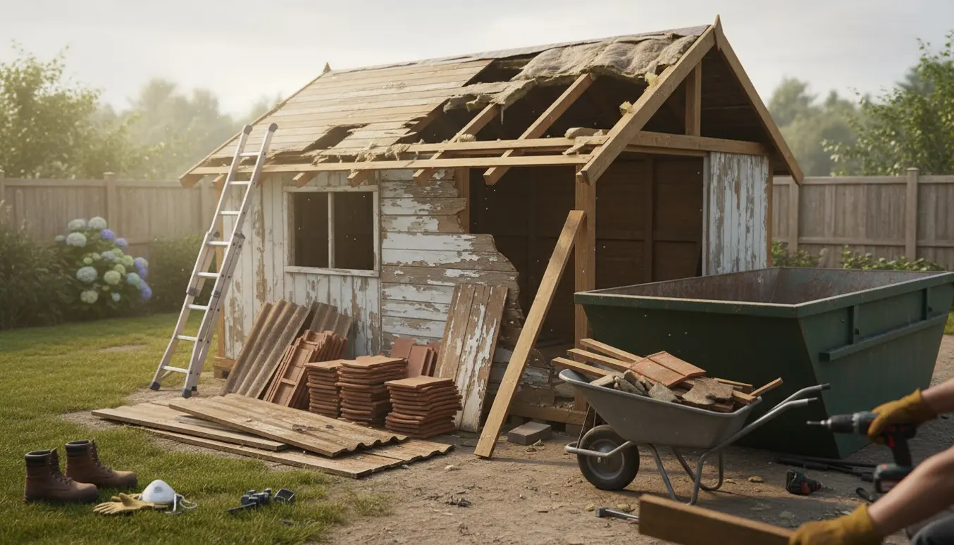Delvist afmonteret skur med taget og facaden fjernet, værktøj og bunker af byggematerialer i forgrunden.