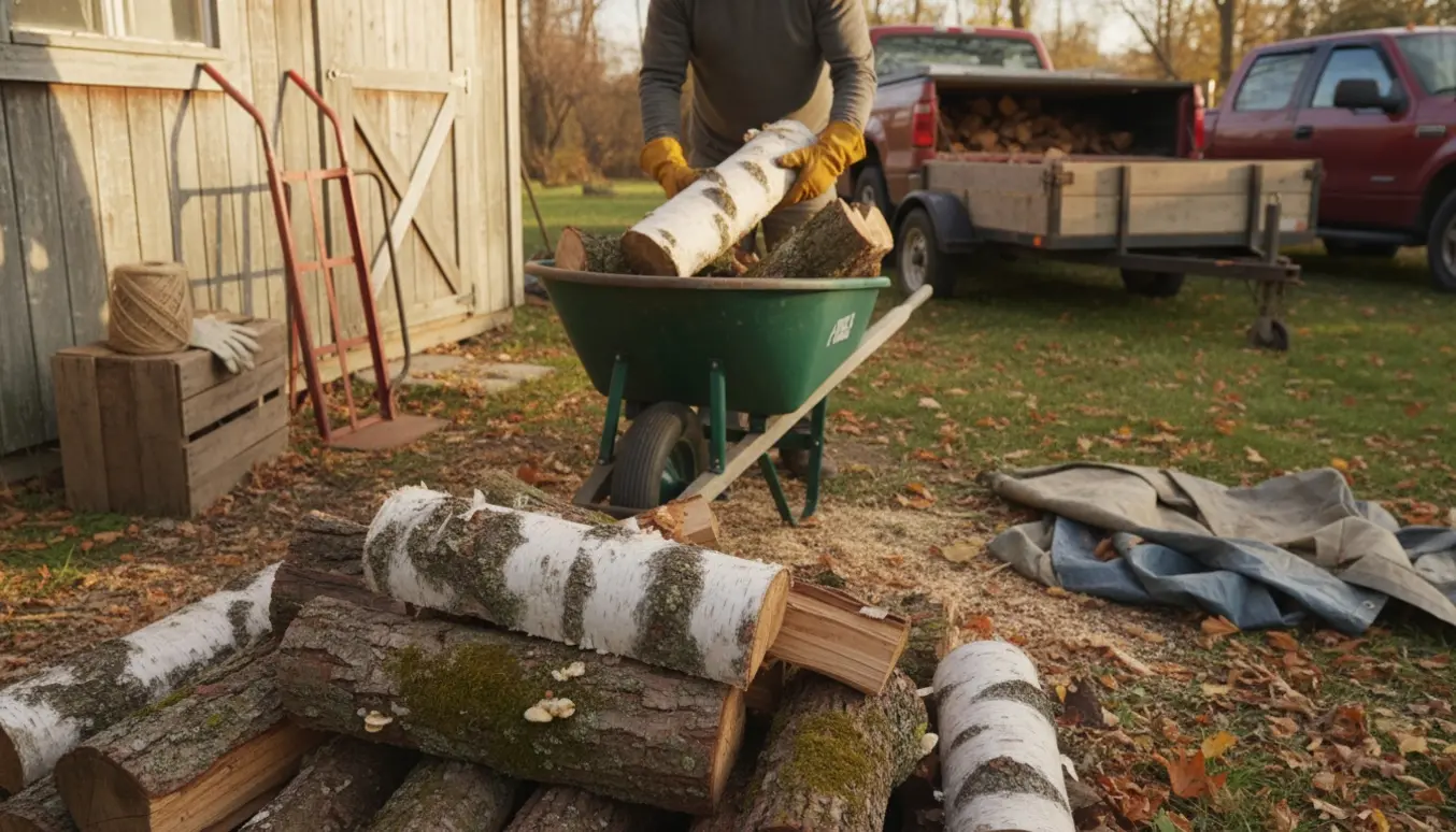 Nærfoto af hænder, der læsser gammelt brænde i en trillebør i en baghave klar til bortkørsel.