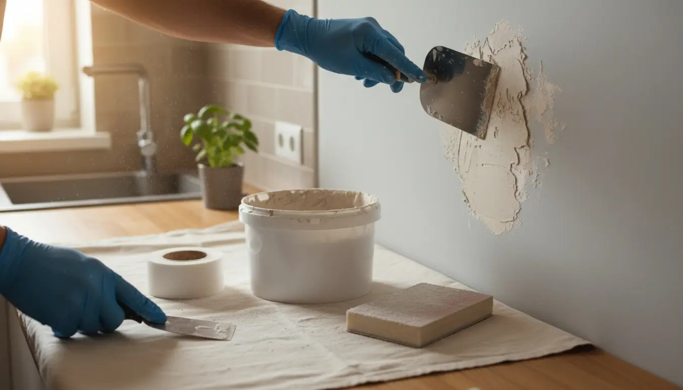 Nærbillede af hænder, der spartler og sliber en repareret væg i et køkken.