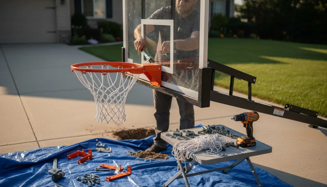 En person monterer en basketballkurv i indkørslen med værktøj og dele lagt klar.