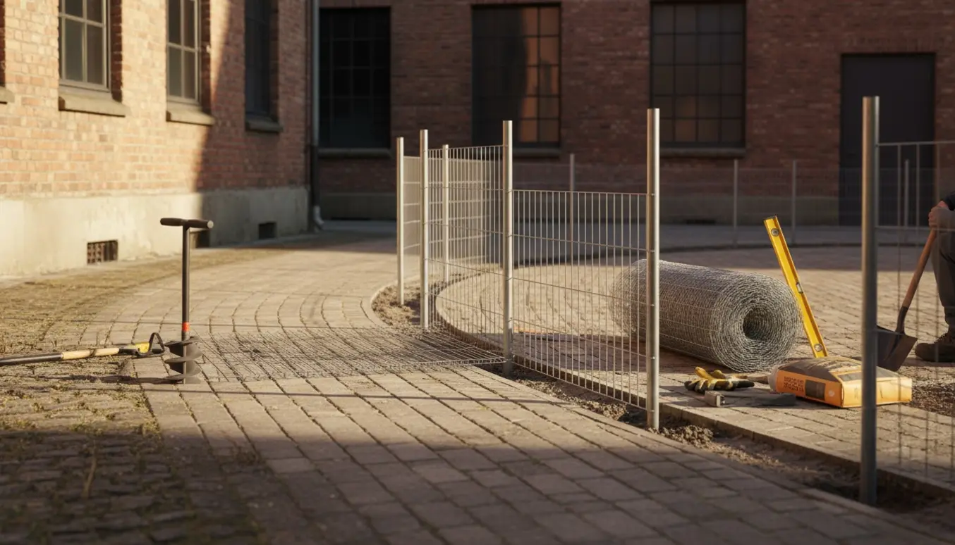 Håndværkere opsætter rionethegn langs en buet flisegang ved indgangen til en gammel fabriksbygning.