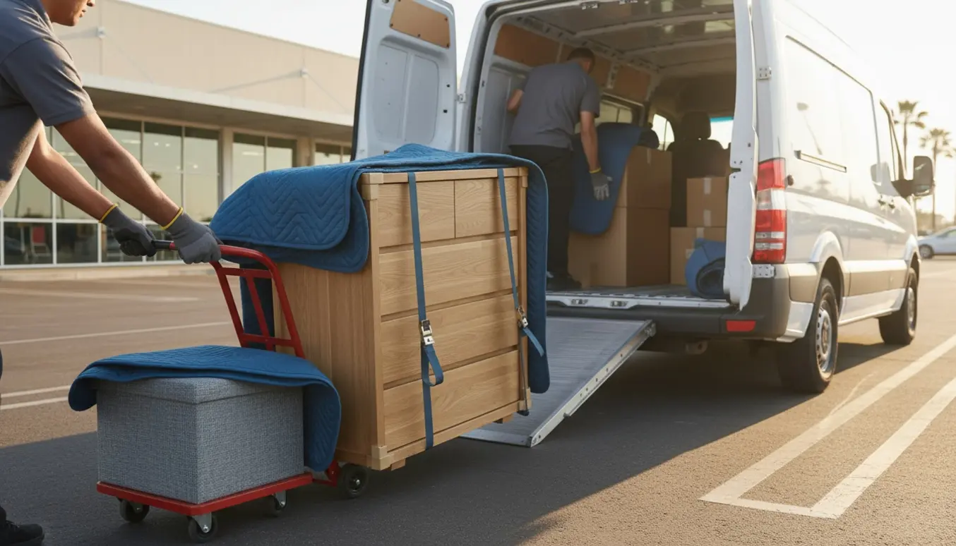 To personer læsser en kommode og en hyndeboks ind i en varevogn på en solrig parkeringsplads.