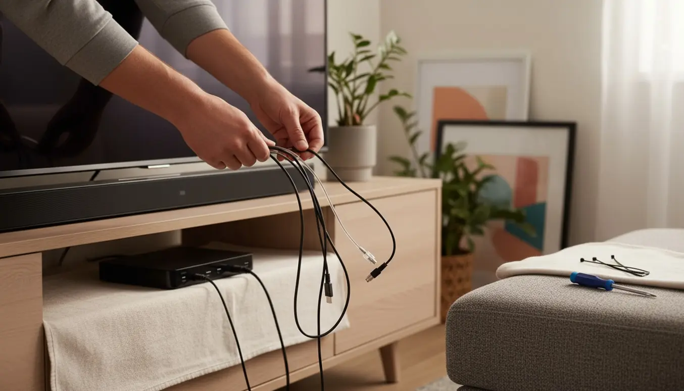 Nærbillede af hænder, der afmonterer en soundbar under et TV med synlige kabler og værktøj.