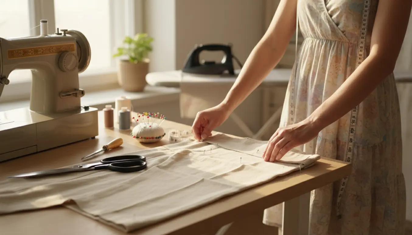 Hænder, der oplægger en sommerkjole og hørbukser med nåle, målebånd og symaskine i blødt dagslys.