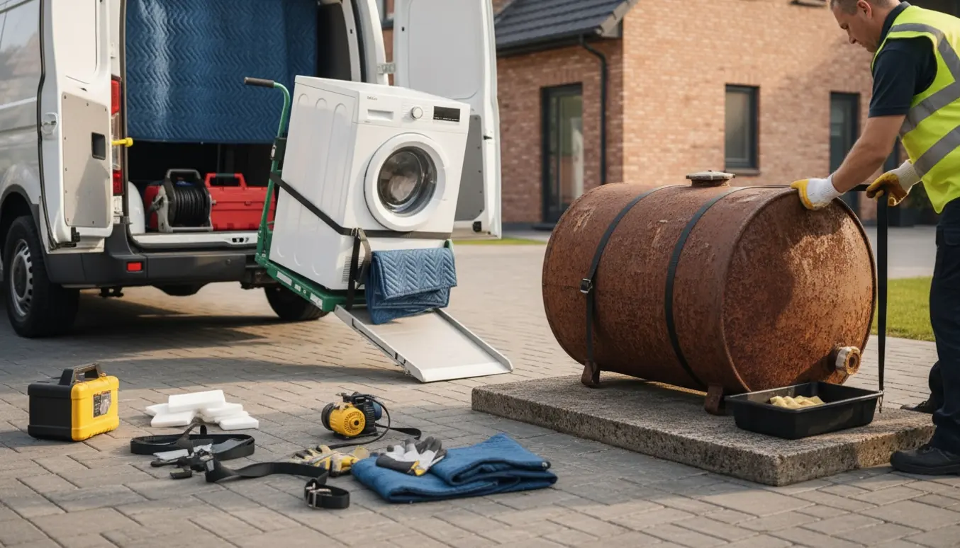 Udeareal med en rusten olietank og en vaskemaskine på en transportvogn ved en åben varevogn, arbejdshænder håndterer udstyret.