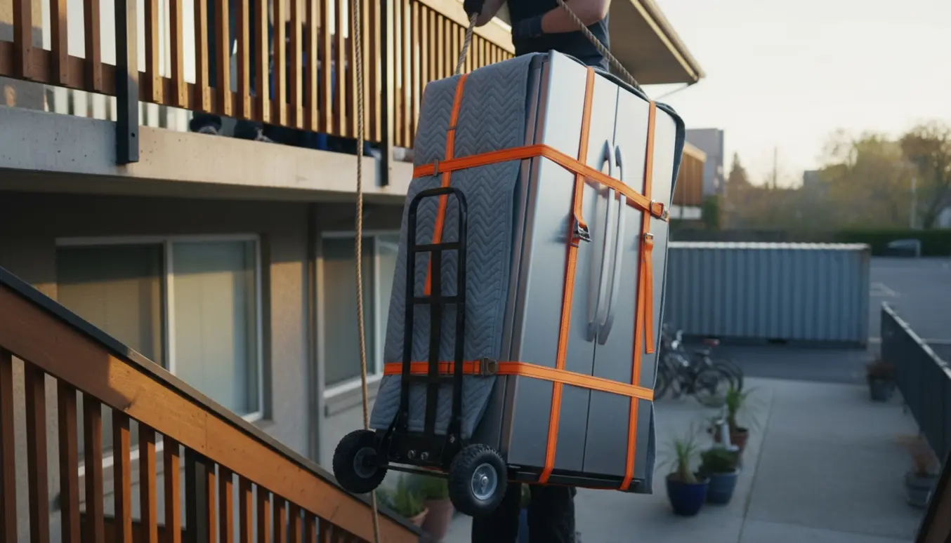 Køleskab sænkes fra 2. sal med tæppe, stropper og reb, container synlig i baggrunden.