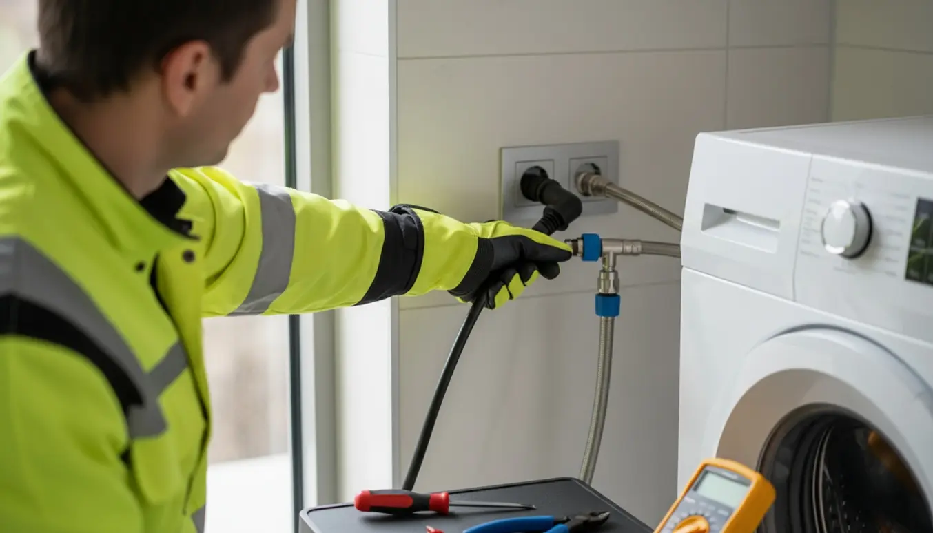 En elektriker tilslutter strøm og en aqualock-vandslange til en vaskemaskine i et lyst, moderne vaskerum.