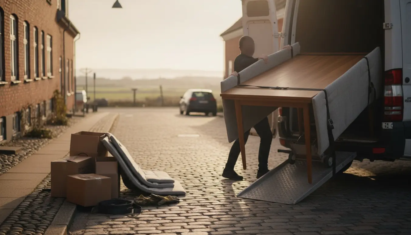 Et træspisebord pakket i flytteplader og læsset ind i en flyttebil på en stille dansk vej ved solnedgang.
