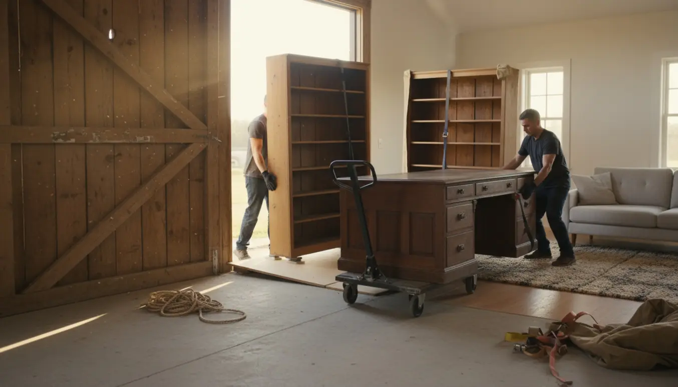 Store reoler og en tung købmandsdisk flyttes fra en lade ind i en stue med dolly, flyttestropper og møbelstæpper.