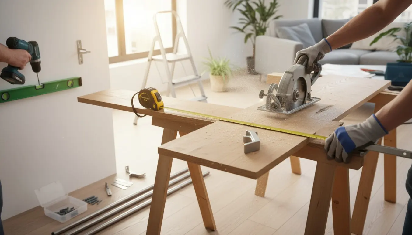 Nærbillede af hænder, der saver en 3 m hylde til og monterer gardinstænger i en solbelyst stue.