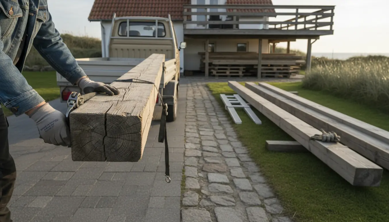 Langt træ læsses på en trailer ved en flisegang, med træ stablet på paller under en træterrasse tæt på kysten.