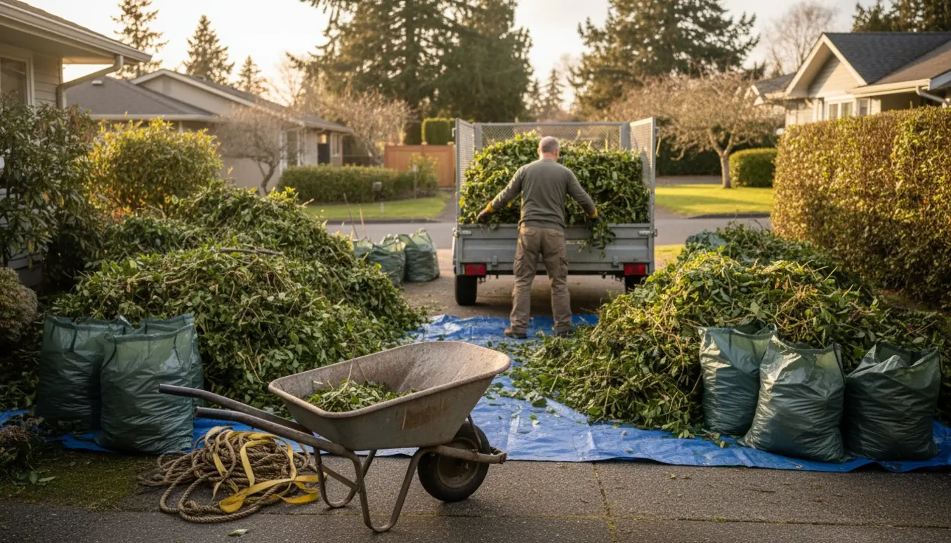 Stor bunke hækafklip ved indkørsel med trillebør, fyldte haveposer og trailer klar til afhentning.