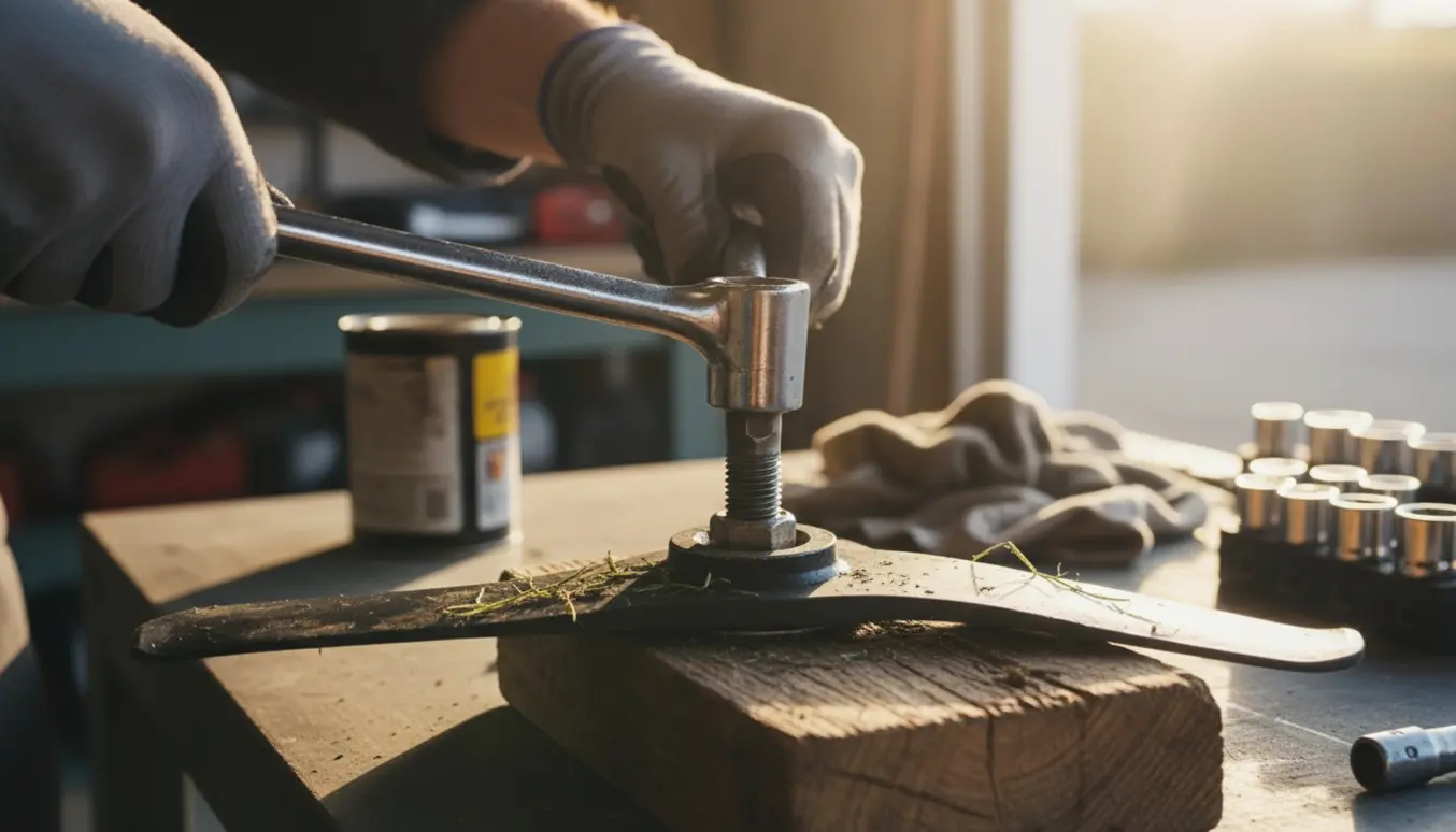 Hænder strammer skruen på en plæneklipperklinge med en skruenøgle, mens klingen holdes fast med et træstykke i et oplyst værksted.