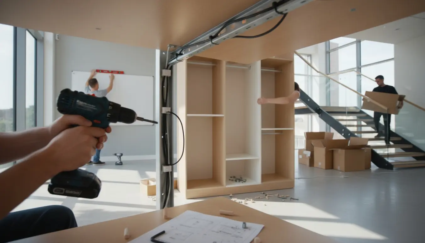 Montage i et lyst kontor med kabelbakker under borde, samling af skab, opsætning af whiteboard og papkasser på vej til gården.