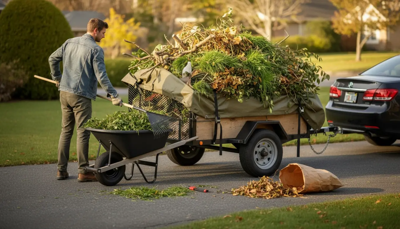 En lille trailer fyldes med haveaffald på en indkørsel, mens en person med handsker læsser grene og blade.