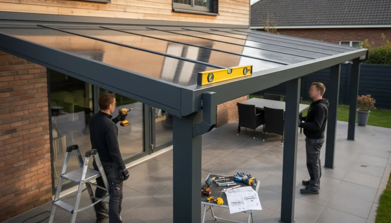 Mørkegrå aluminiumsterrasseoverdækning monteres på sternen med synlige beslag og polykarbonatplader.