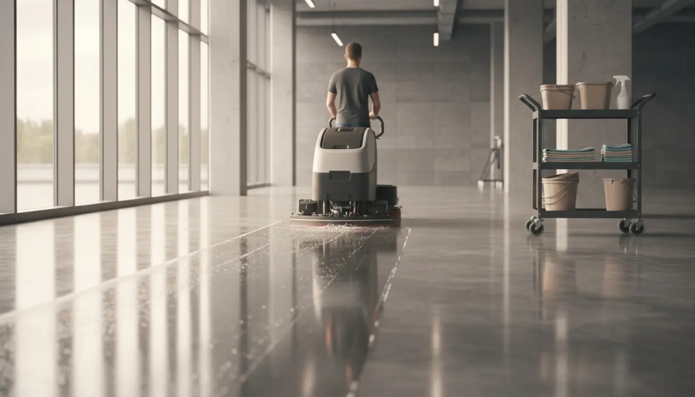 Et lyst erhvervsrum med en rengøringsmaskine, der efterlader et blankt, nysvasket gulv.