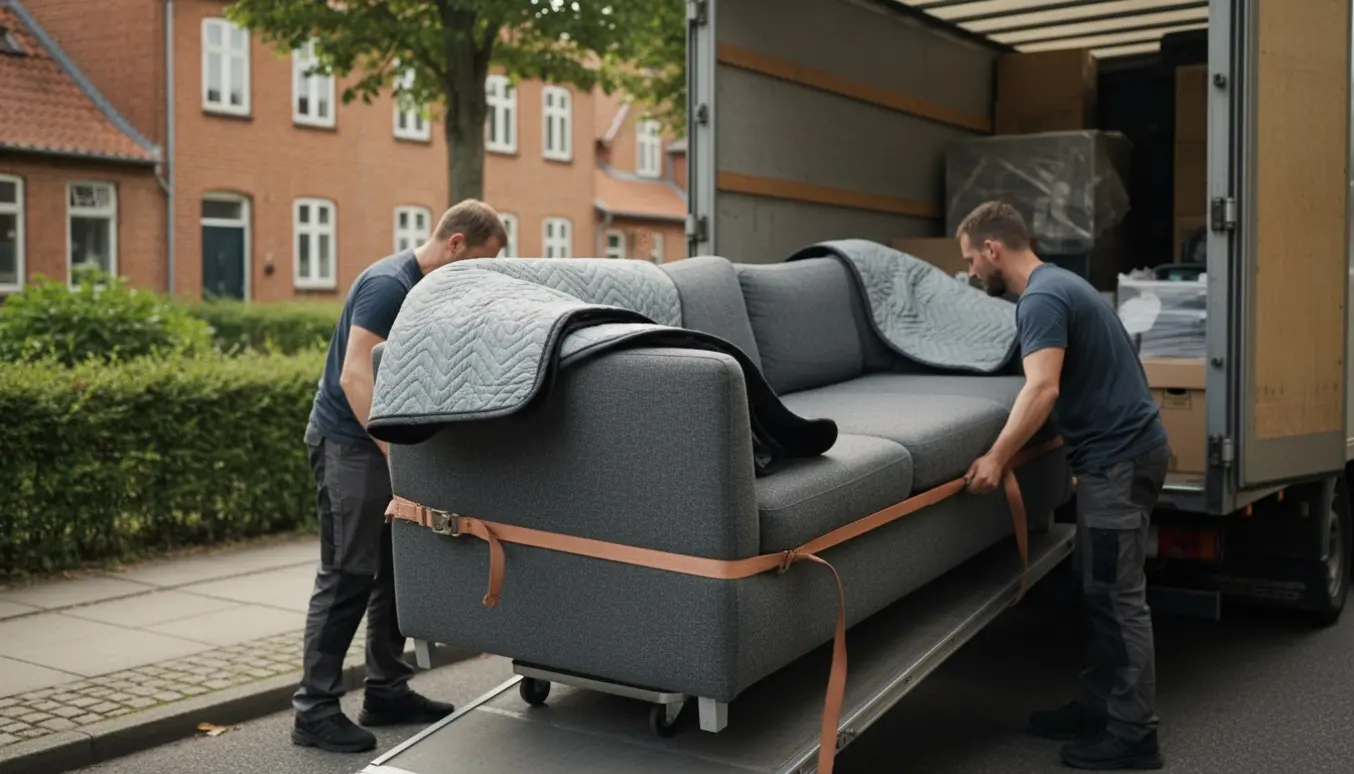 Hjørnesofa bliver pakket og læsset på en flyttebil på en stille forstadsgade.