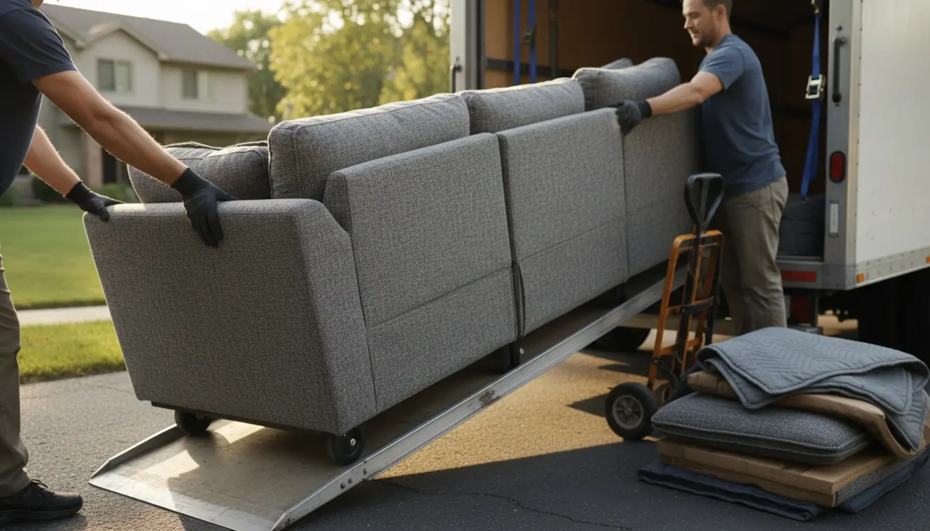 Stor modulsofa læsses ind i en flyttevogn af to hjælpere uden synlige ansigter.