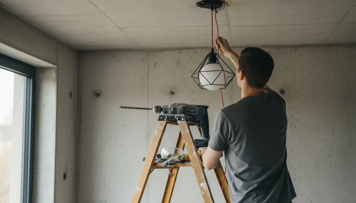 Montage af loftlampe i et hårdt betonloft med borehammer, ankre og stige.