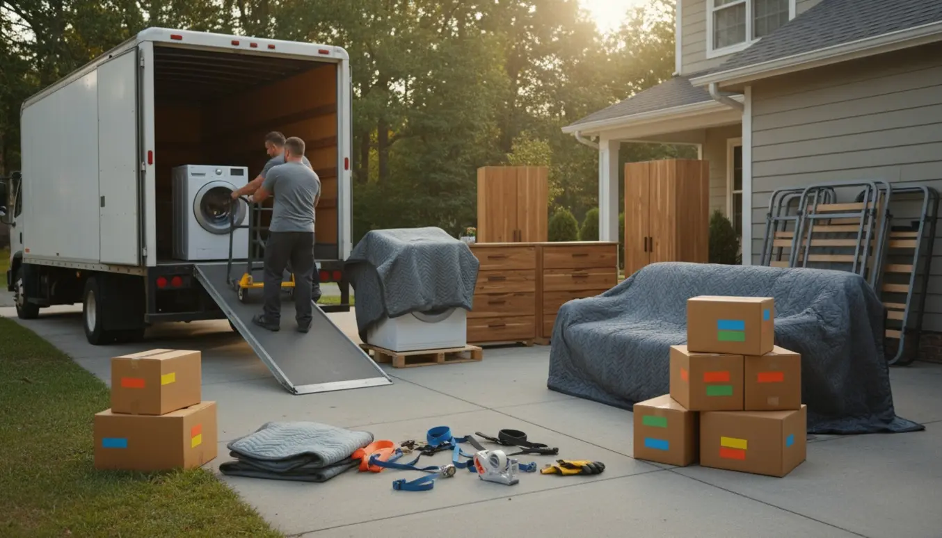 Flyttefolk læsser en vaskemaskine og tørretumbler i en flyttebil omgivet af kommoder, skab, sofa, senge og flyttekasser.