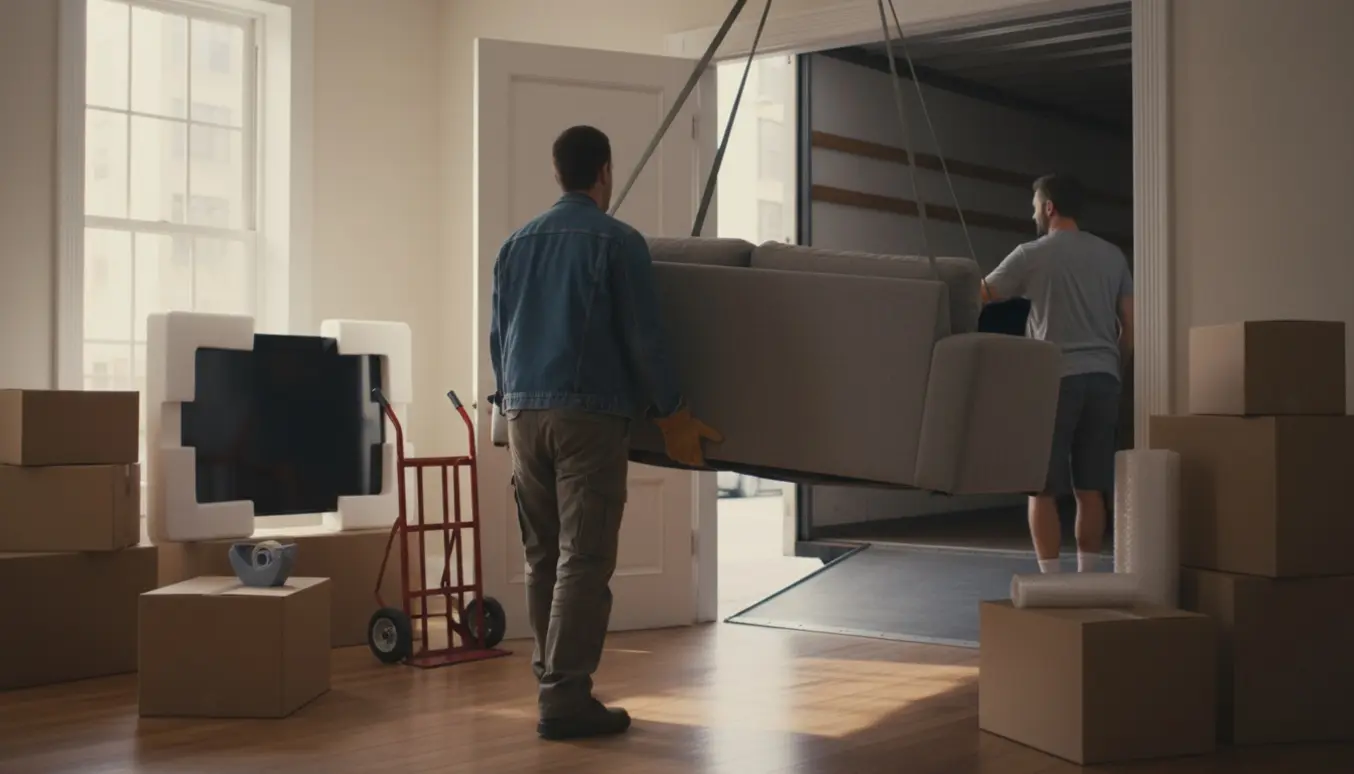 En sofa bæres fra en lys stue gennem en åben dør mod en flyttebil, omgivet af flyttekasser og indpakkede møbler.