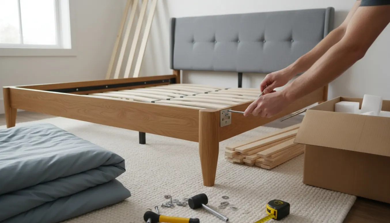Delvist samlet seng med træramme og værktøj, hvor hænder strammer en bolt i et lyst soveværelse.