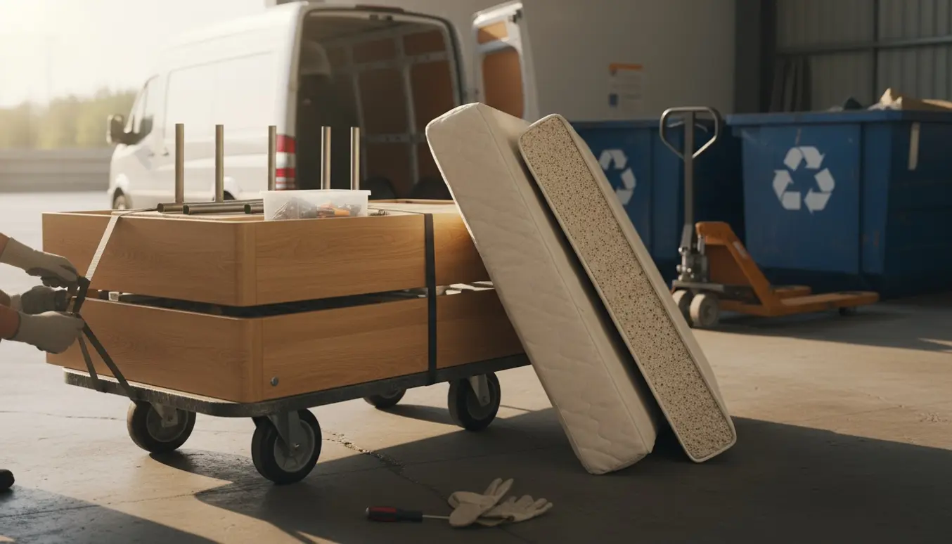 To 90x200 elevationsbunde uden ben og to skummadrasser på en tralle ved en genbrugsplads.