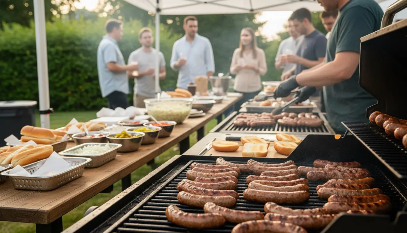 Udendørs grill med mange pølser og brød på grillen og et serveringsbord med hotdog-tilbehør under et telt, folk i baggrunden uden tydelige ansigter.