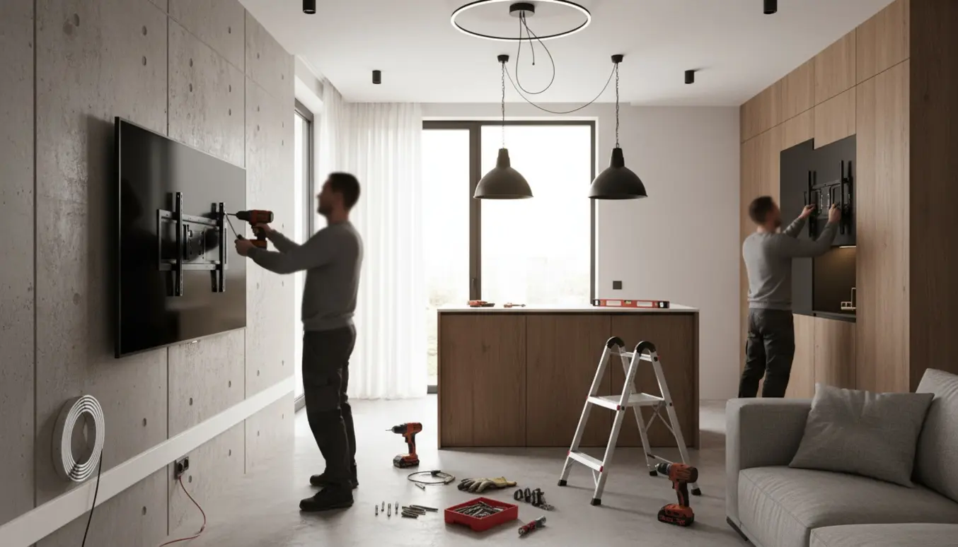 Montage af lamper og opsætning af 75 tommer TV på betonvæg og 55 tommer TV på gipsvæg med værktøj og LED-kabler synlige.