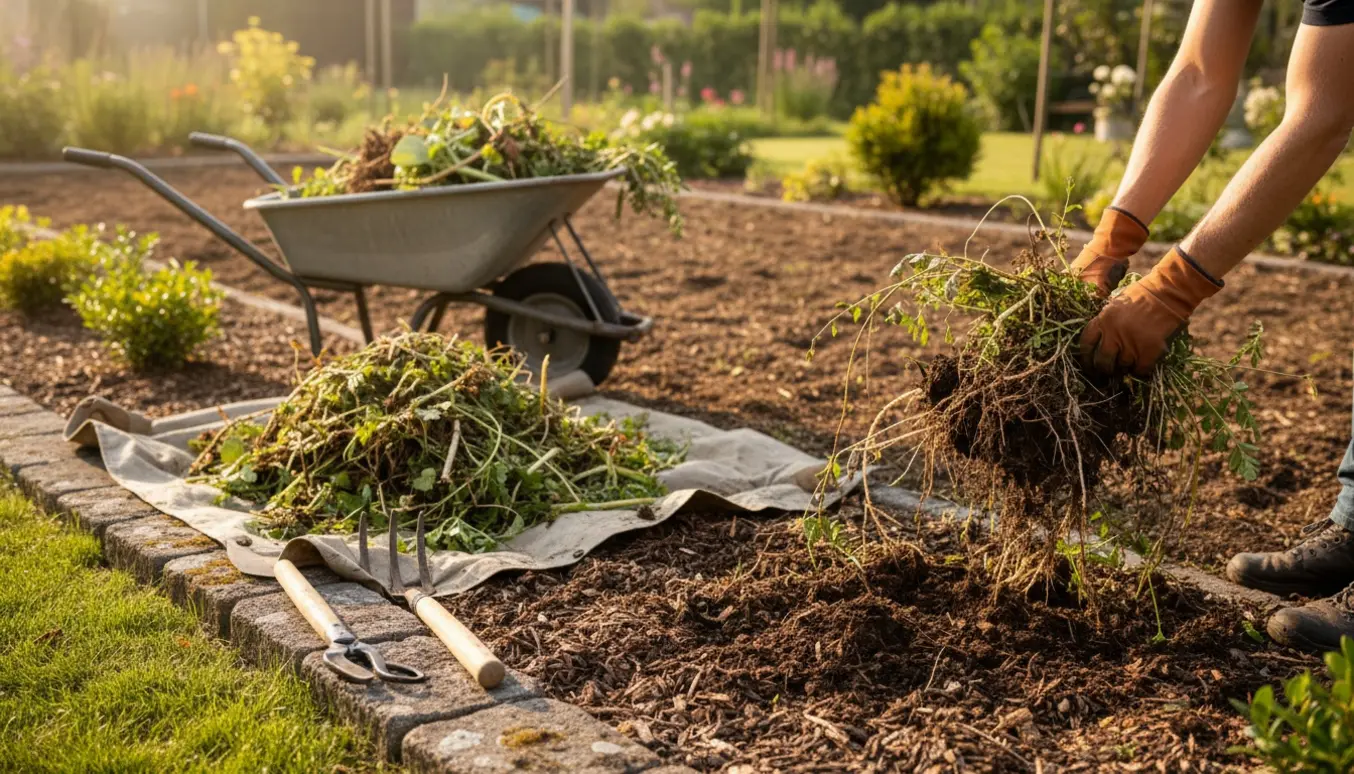 En person med handsker rydder et flere meter langt bed med skovl og trillebør og en bunke ukrudt.